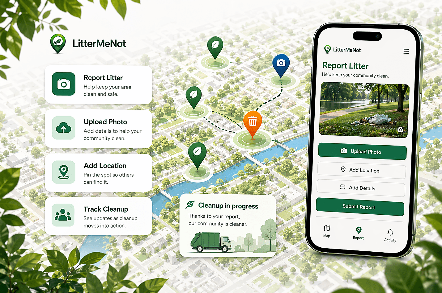 LitterMeNot preview showing map pins, photo upload, and cleanup actions