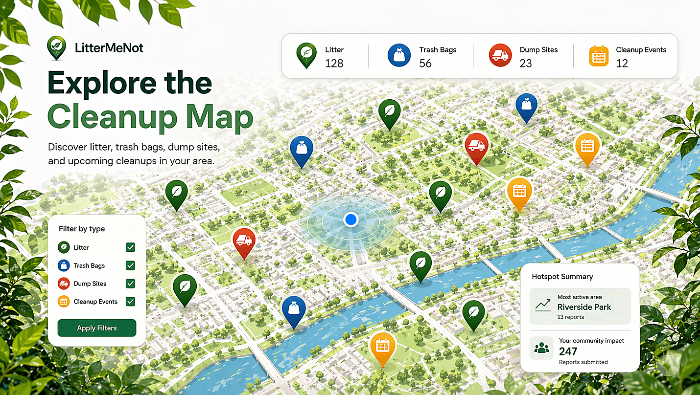 Map preview with color coded pins for reported litter and cleanup activity